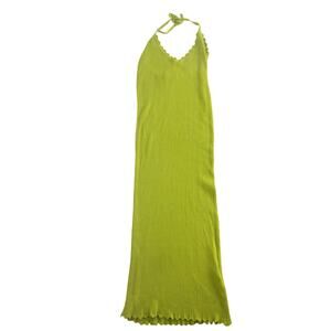 Womens Halter Y2K Retro 90s Stretch Rayon Blend Rib Knit Lime Green Maxi Dress